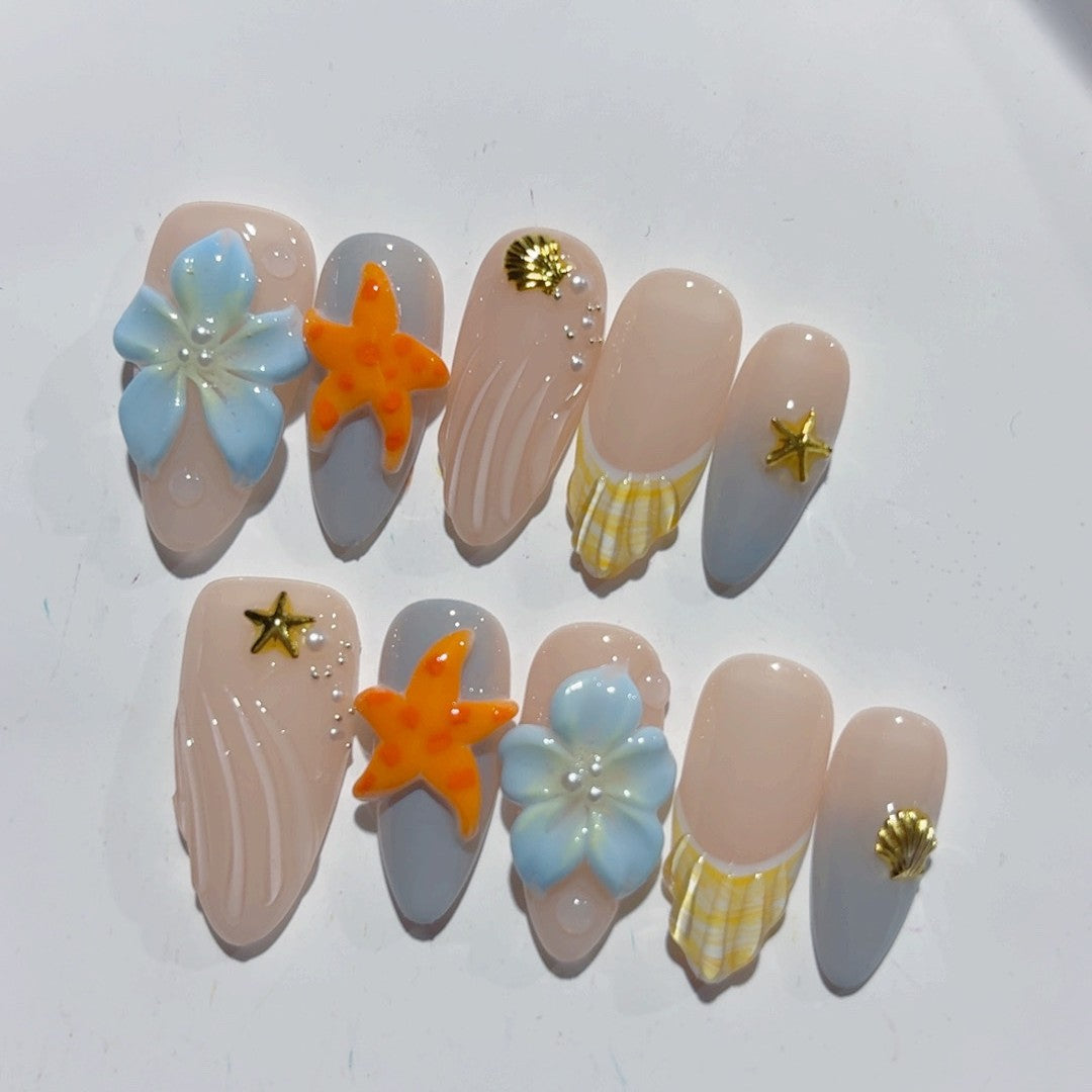 海洋美人魚: "深海星辰美人魚" – 中長款杏仁形藍白貝殼手工製穿戴甲