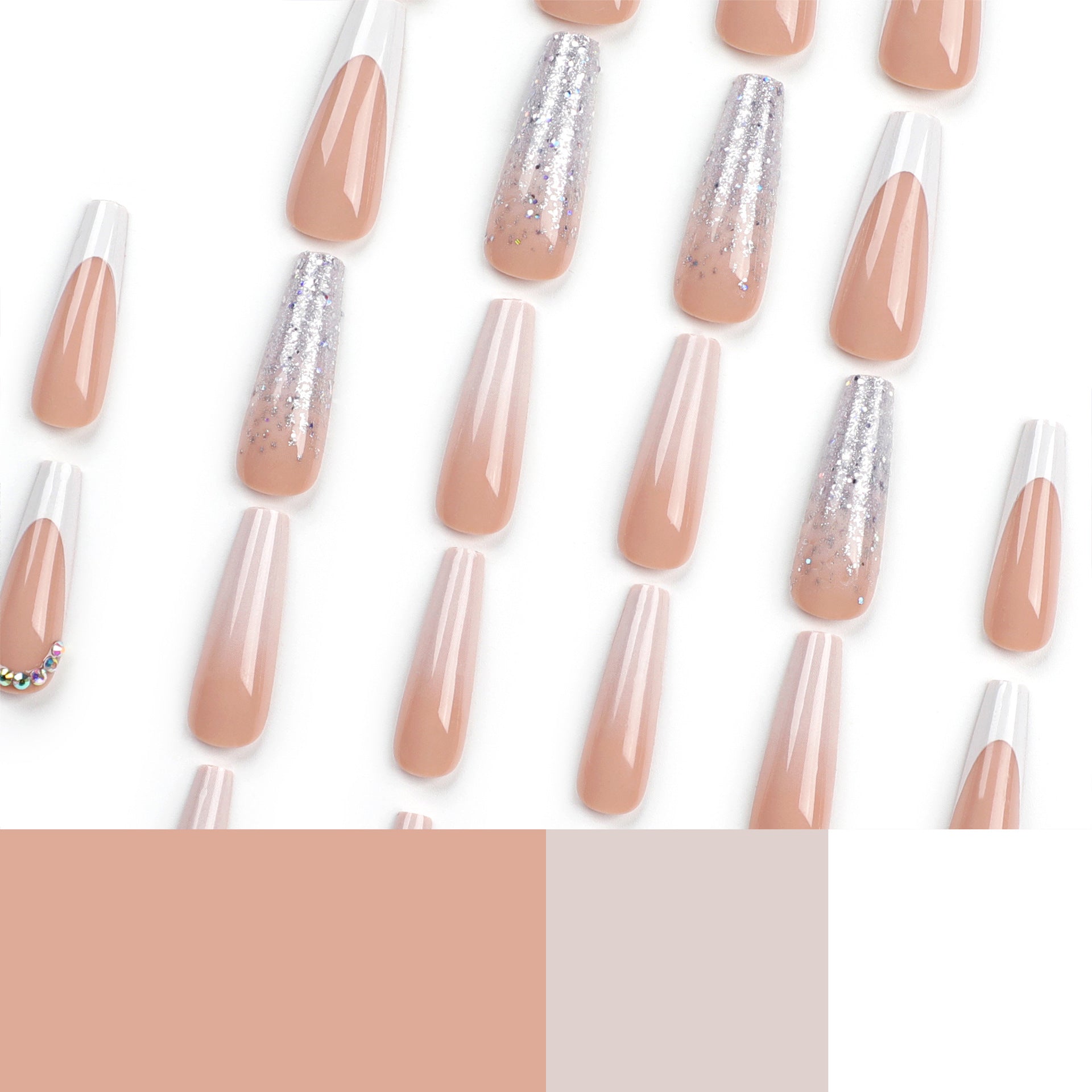 Uñas postizas francesas clásicas con purpurina, cambio gradual de color, punta de diamante, removible, producto terminado | 365nails