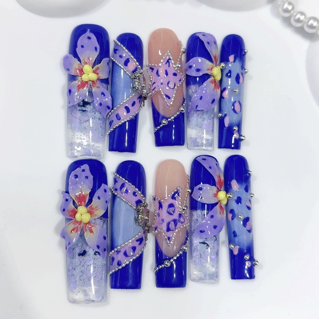 Blue Floral Sculpted Art Crystal Statement Press On Nails