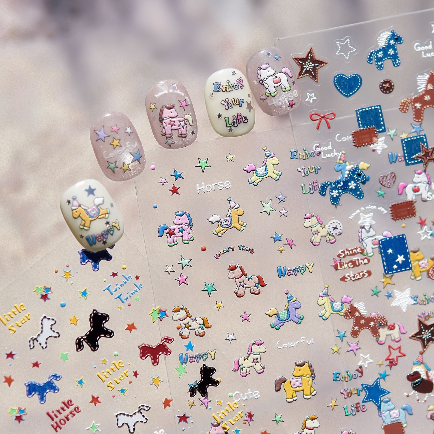 Denim Western Pony & Star: "Rustic Denim Cowgirl" – 5D Embossed Nail Sticker