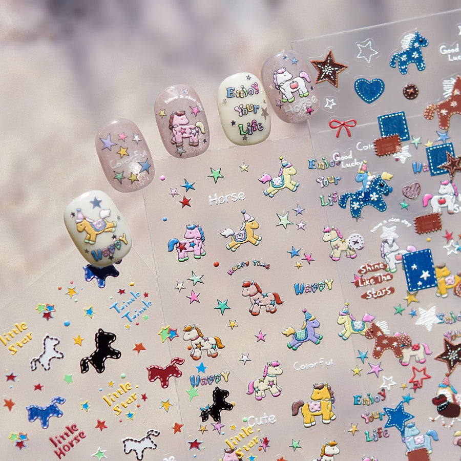 Denim Western Pony & Star: "Rustic Denim Cowgirl" – 5D Embossed Nail Sticker