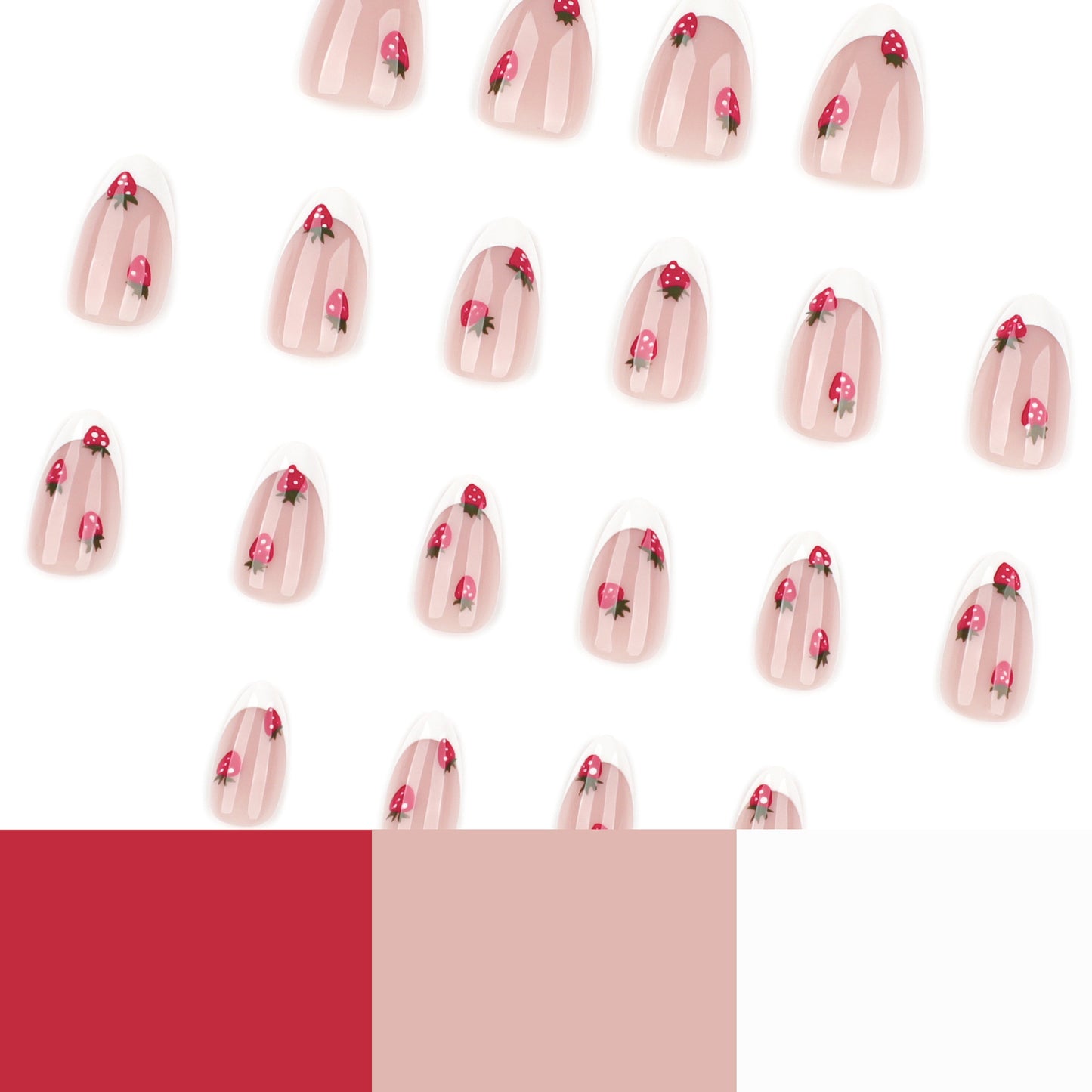 Unhas postiças francesas com bordas brancas, peça curta de unha postiça de amêndoa, morango doce, peça de unha postiça para pressionar｜365nails