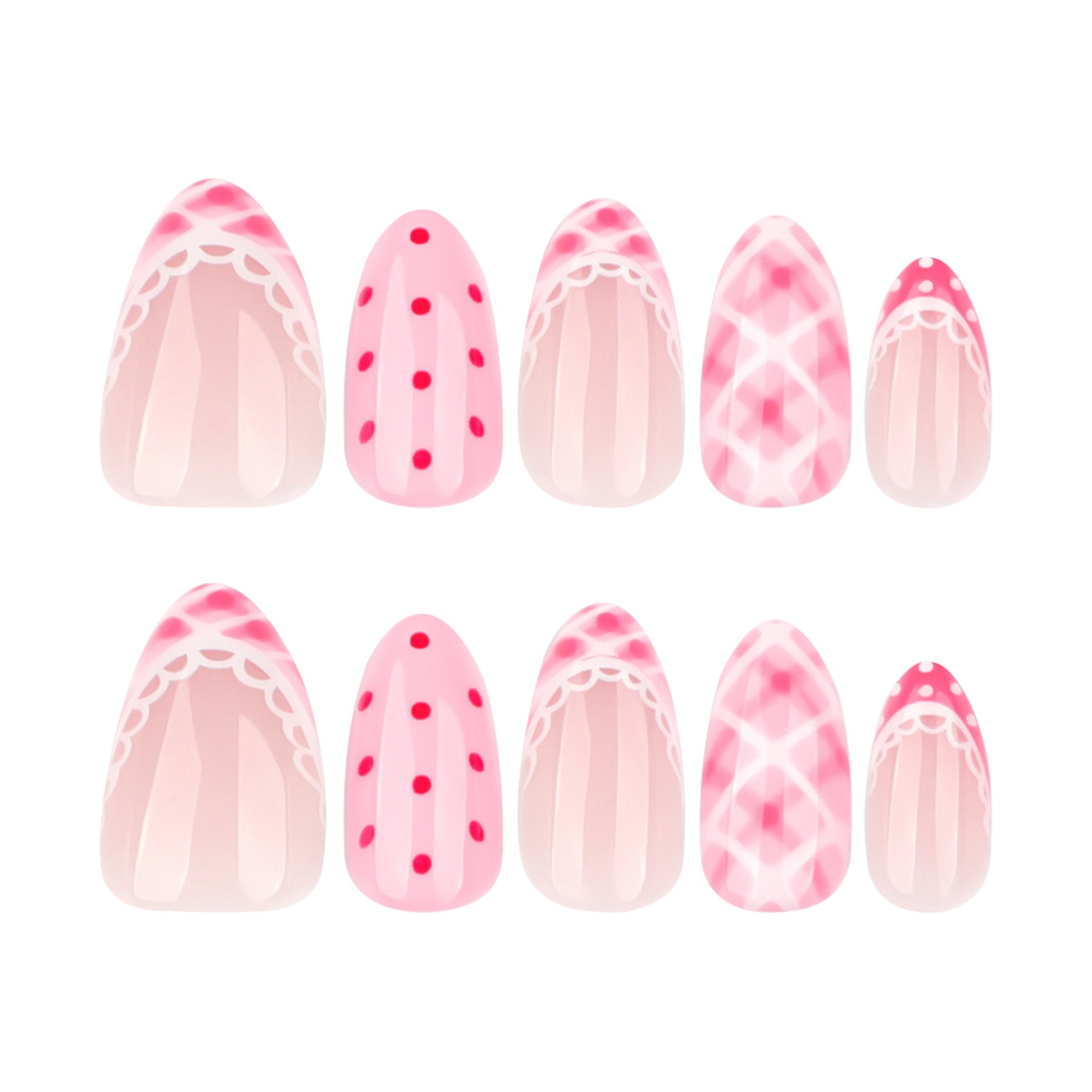 Short Almond Press On Nails with Pink Base & Red Polka Dot & Plaid Accents