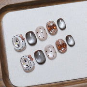 Autumn Kitty Series: "Mocha Plaid Kitty" – Short Round Handmade Press-on Nails