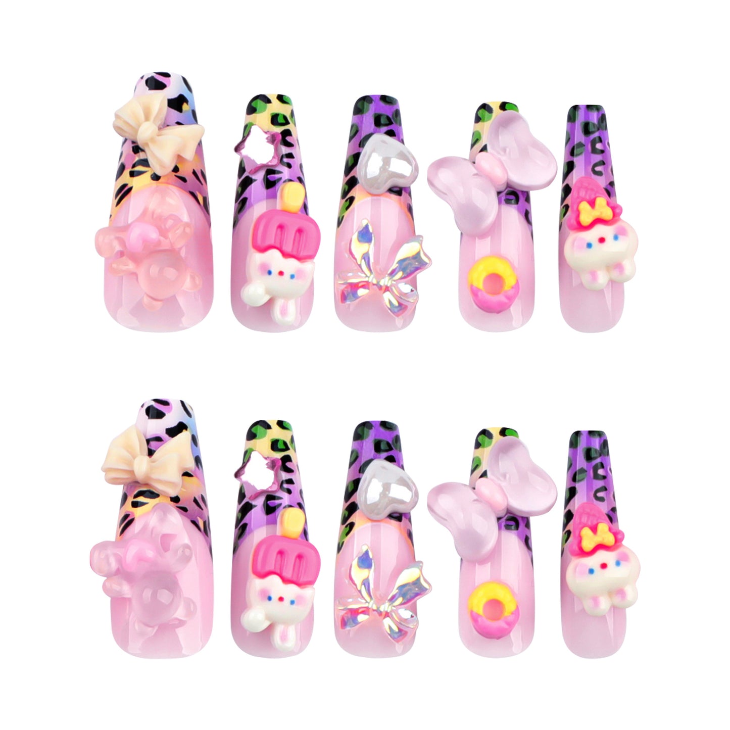 Manicure com estampa de leopardo francesa, laço tridimensional fofo e doce, vestindo armadura, lindo pedaço de unha de coelho, produto acabado no atacado ｜ 365nails