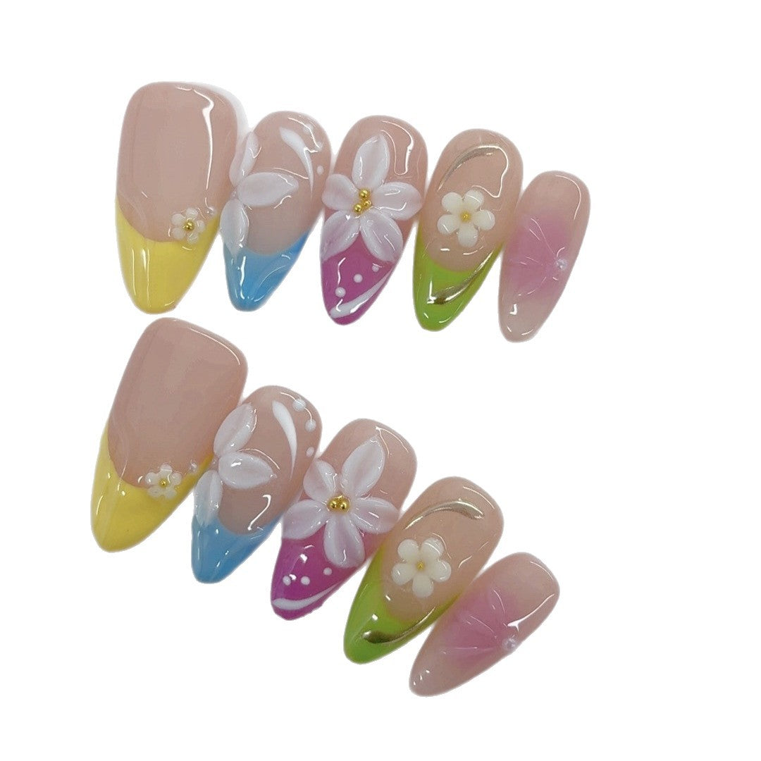 Pétale Pastel : « Murmure Floral Arc-en-Ciel » – Ongles press-on forme amande