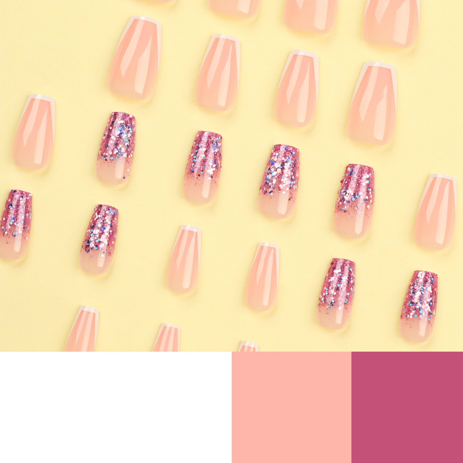 Novas unhas postiças francesas nude com bordas brancas e glitter roxo colorido, lantejoulas, atacado de unhas de balé｜365nails