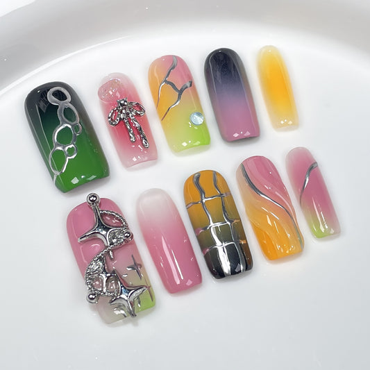 Medium and long square Handmade press on nails spray gun multi-color gradual change  Spice Girl blush nail  sticker｜365nails