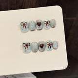 Blue Brown Bow Heart Sparkle Cute Soft Press On Nails