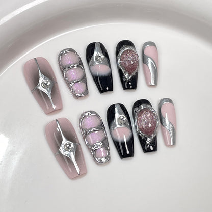 Unhas postiças artesanais Sweet Cool Spice Girl Spar olho de gato médio e longo Nail Art Patch Heavy Industry Pintadas à mão Vestíveis ｜365nails