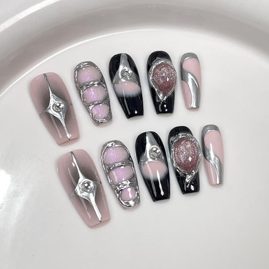 Handmade Press-on Nails Sweet Cool Spice Girl Spar cat eye Medium and Long Nail Art Patch Heavy Industry Hand Painted Wearable ｜365nails