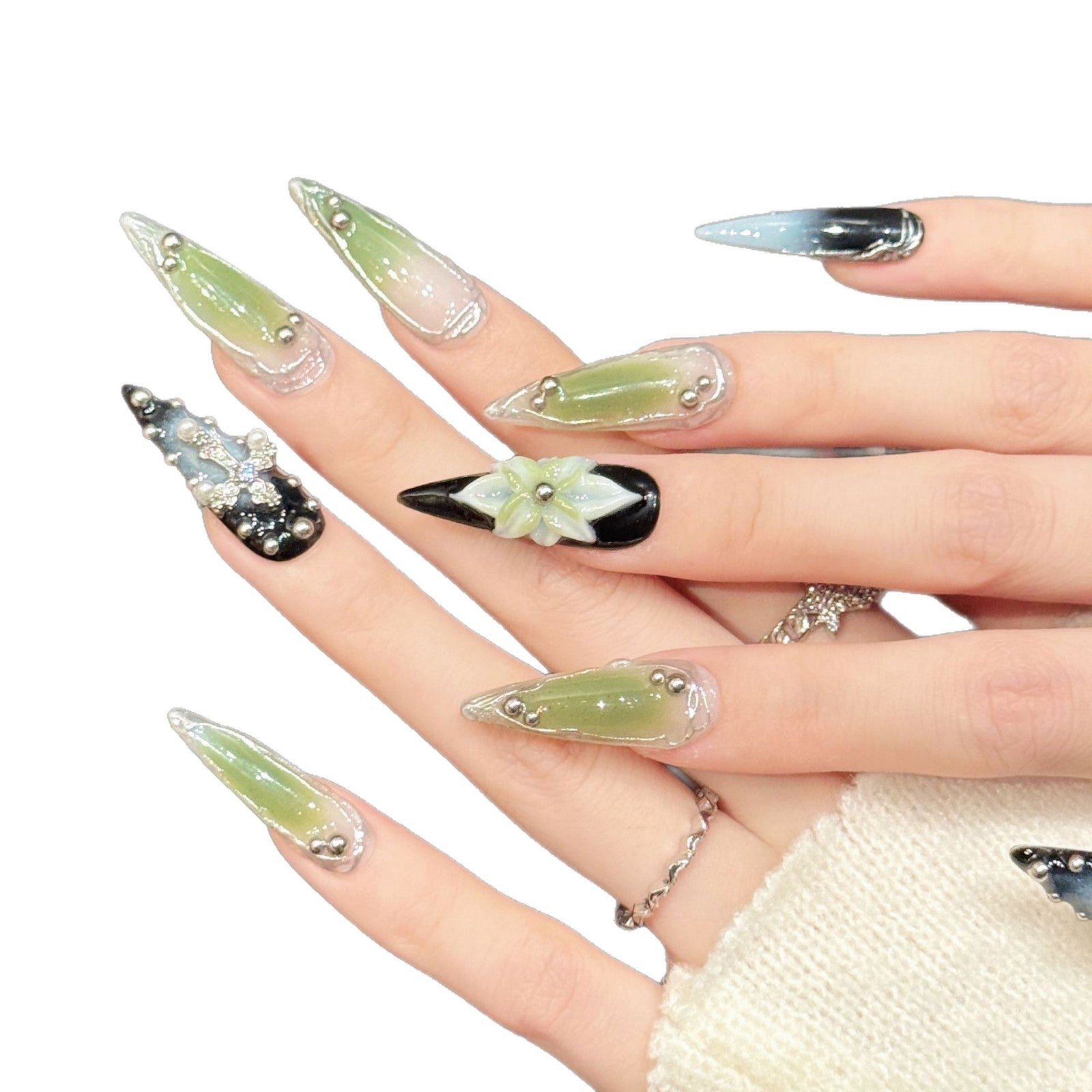 Dark Green Cross Floral Gothic Press On Nails