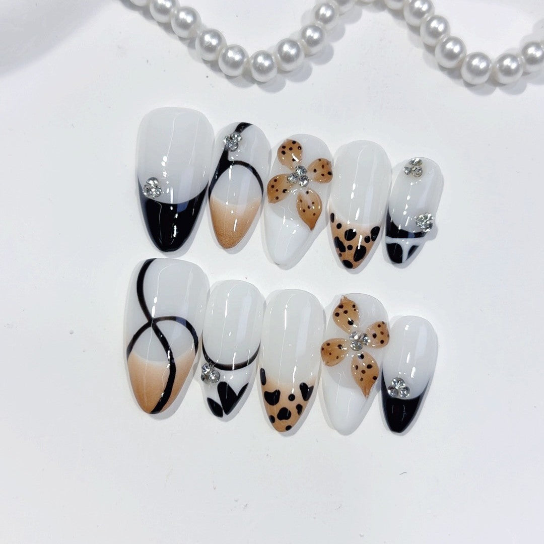 Edgy Monochrome Series: "Leopard Bikini" – Long Almond Handmade Press-on Nails