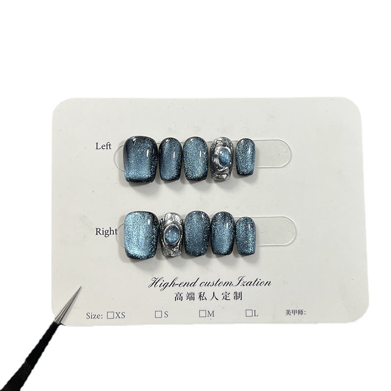 365nails Nocturne: "Midnight Sapphire" – Short Square Cat Eye & Glitter Press On Nails 24pcs