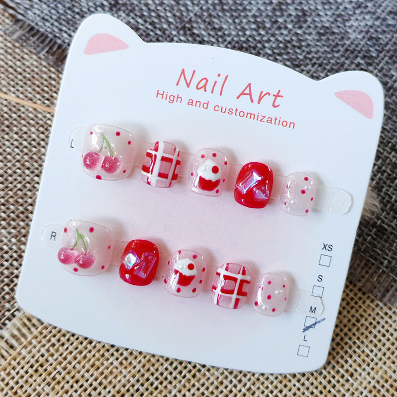 365nails: "jelly cherry picnic" – short round handmade kids press-on nails