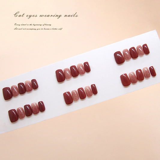 Nail Tips  prefabricated nail press on nails gold powder removable nail piece burgundy short T nail patch diamond ｜365nails