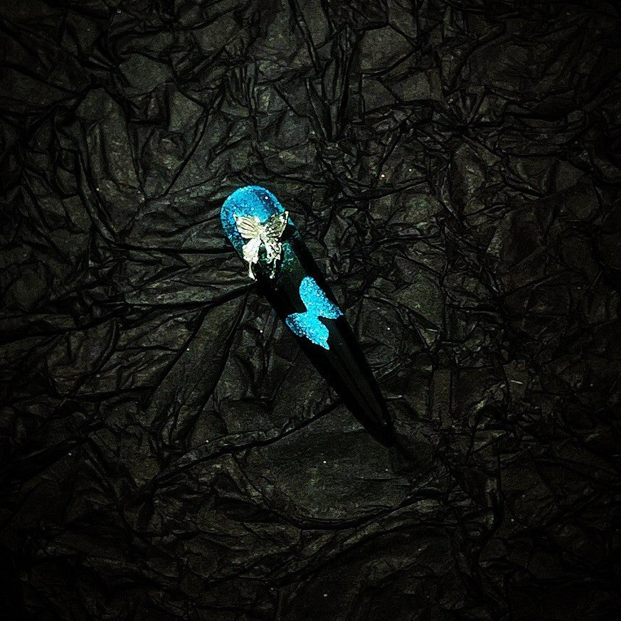 The Art Edit | Blue-Black Butterfly Stiletto Press-On Nails | Crushed Crystal Glitter + Silver Bow Charms