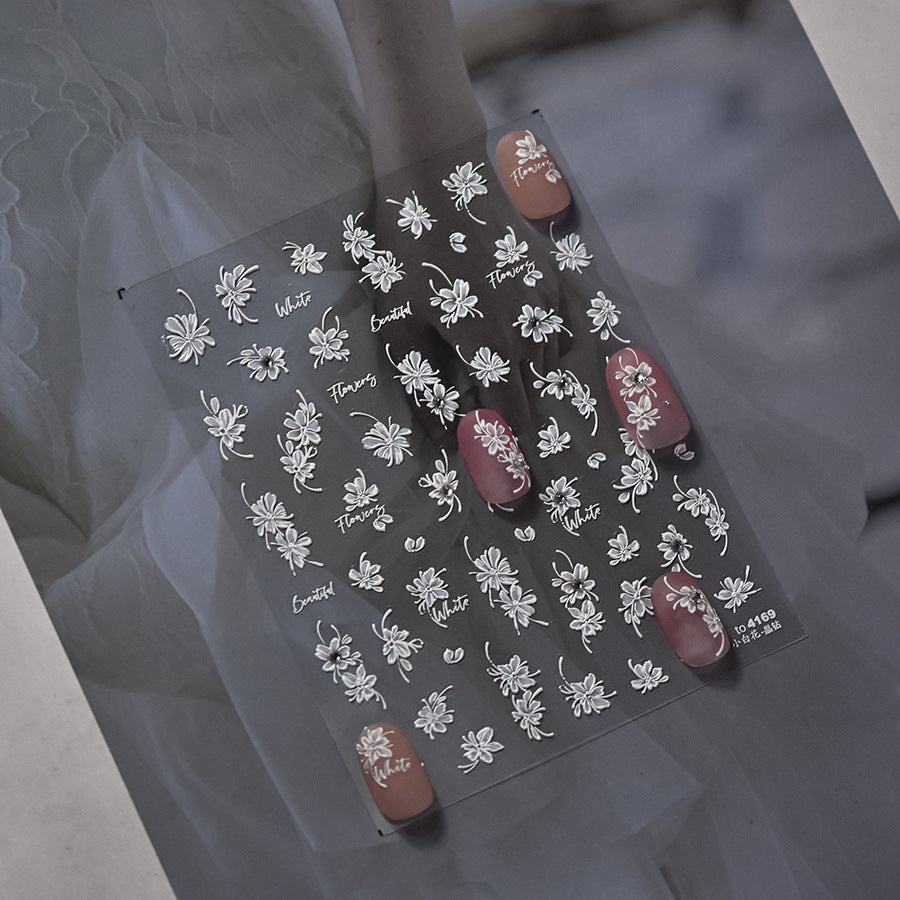 白色水晶花與字體："新娘白花" – 5D浮雕美甲貼紙