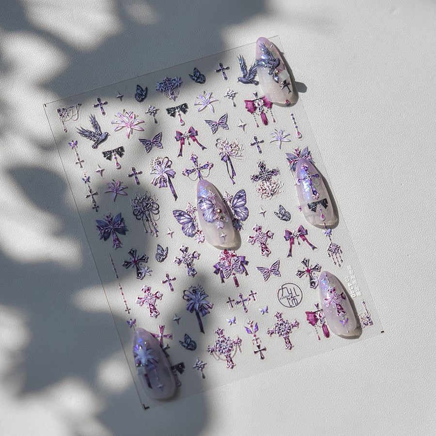 Gothic Purple Cross & Butterfly: "Dark Gothic Elegance" – 5D Embossed Nail Sticker