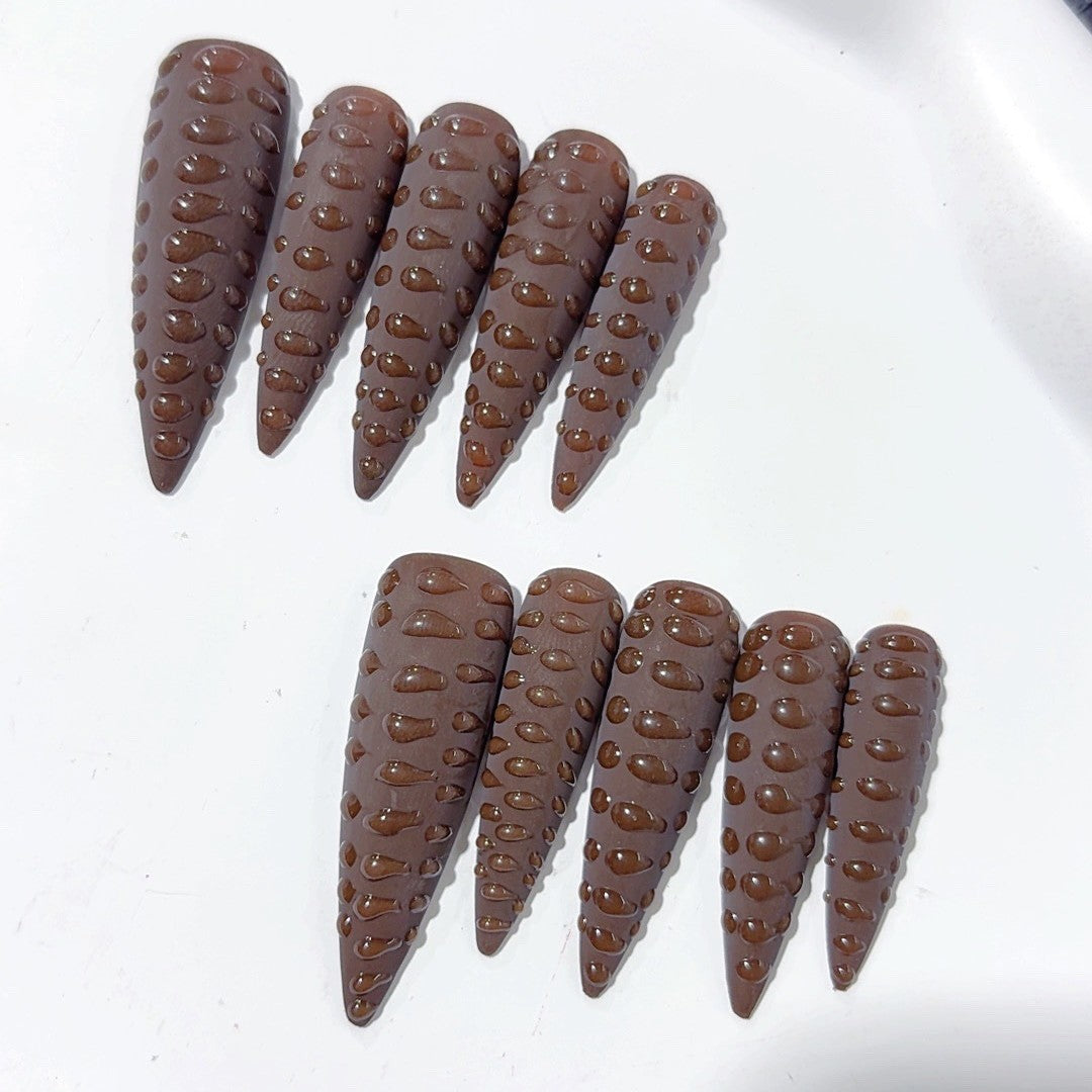 365nails-巧克力淋漿：「可可紋理」– 尖形 手工製 3D 雕刻 穿戴甲