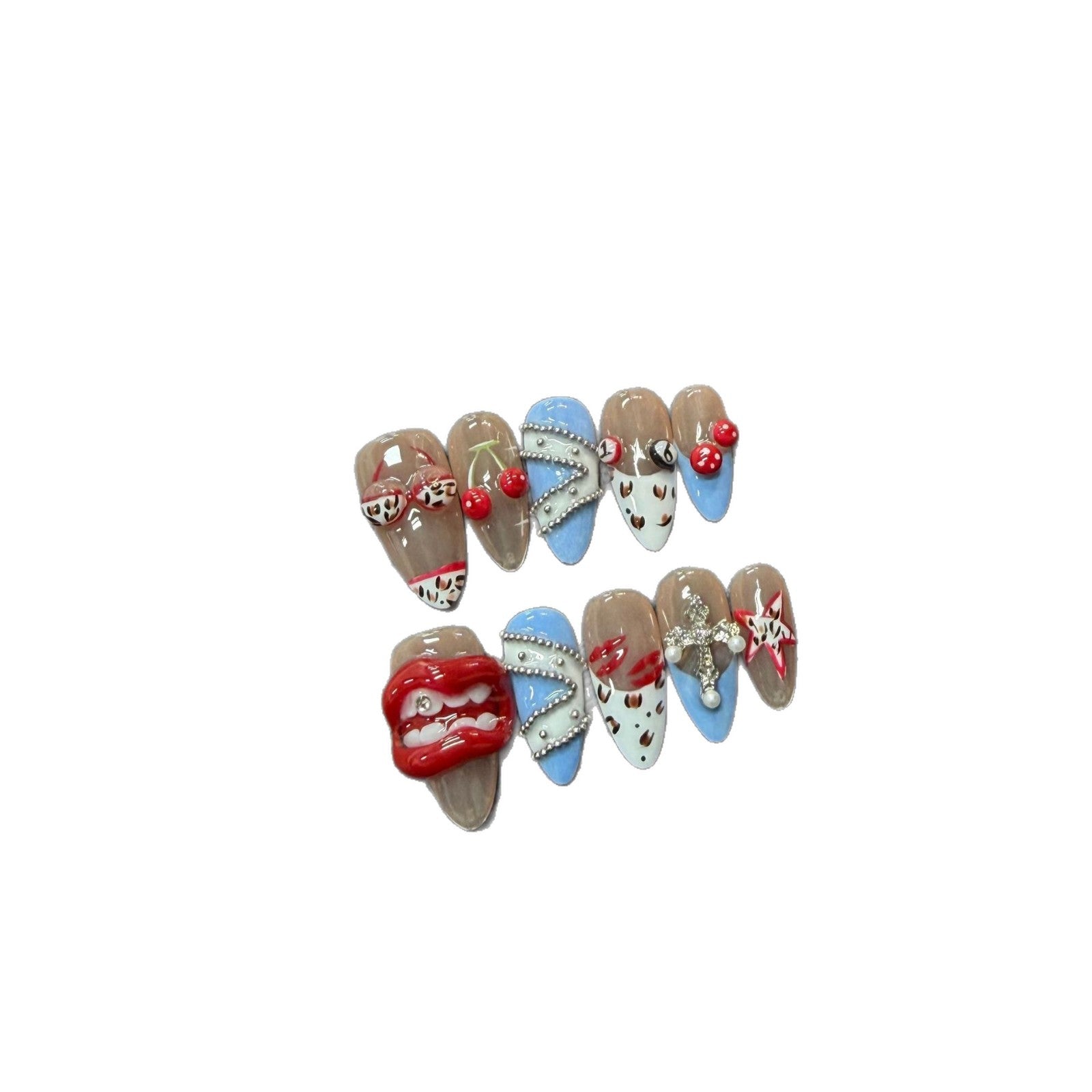 365nails: "Cherry Pop" – 3D Lip & Heart Handmade Medium Almond Nails