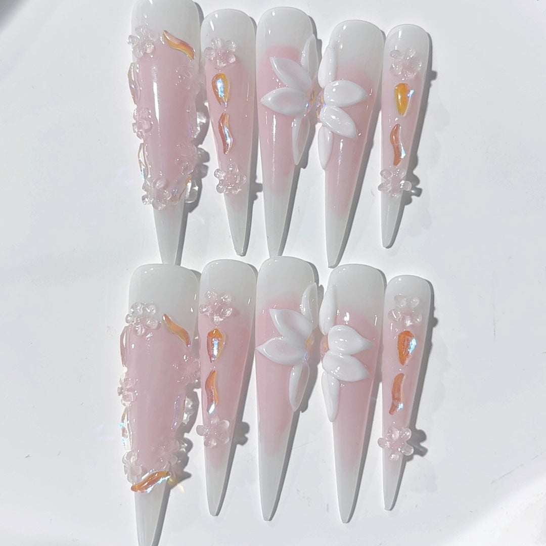 Unhas Postiças Extra Longas Stiletto Floral Rosa Suave