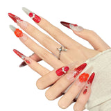 Red Floral Glitter Pearl Accent Elegant Press On Nails
