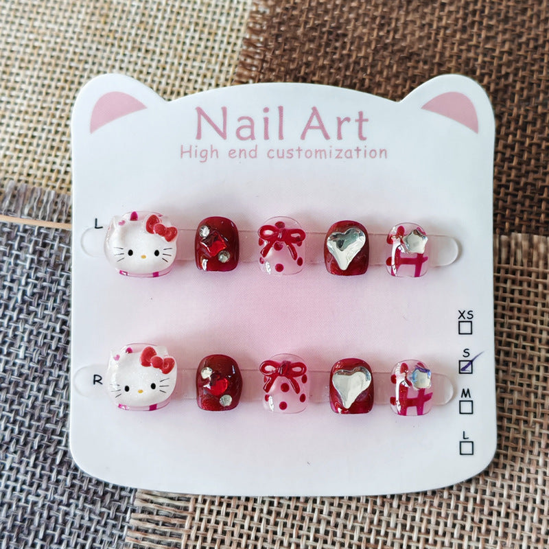 365nails: "retro cherry kitty" – short squoval handmade kids press-on nails