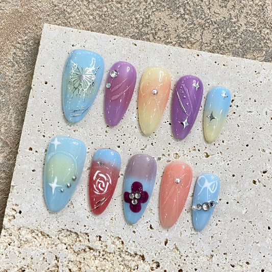 Handmade press on nails Art Wear Nail Art Spring and Summer Gentle Light Blue Butterfly Gradient Blush Hand-painted Nail Art Sticker | 365nails