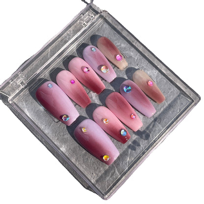 Unhas postiças artesanais com contas de sereia e bolhas, médias e longas, acabamento em patch de macaron, esquema de cores, mudança gradual, unhas postiças ｜ 365nails