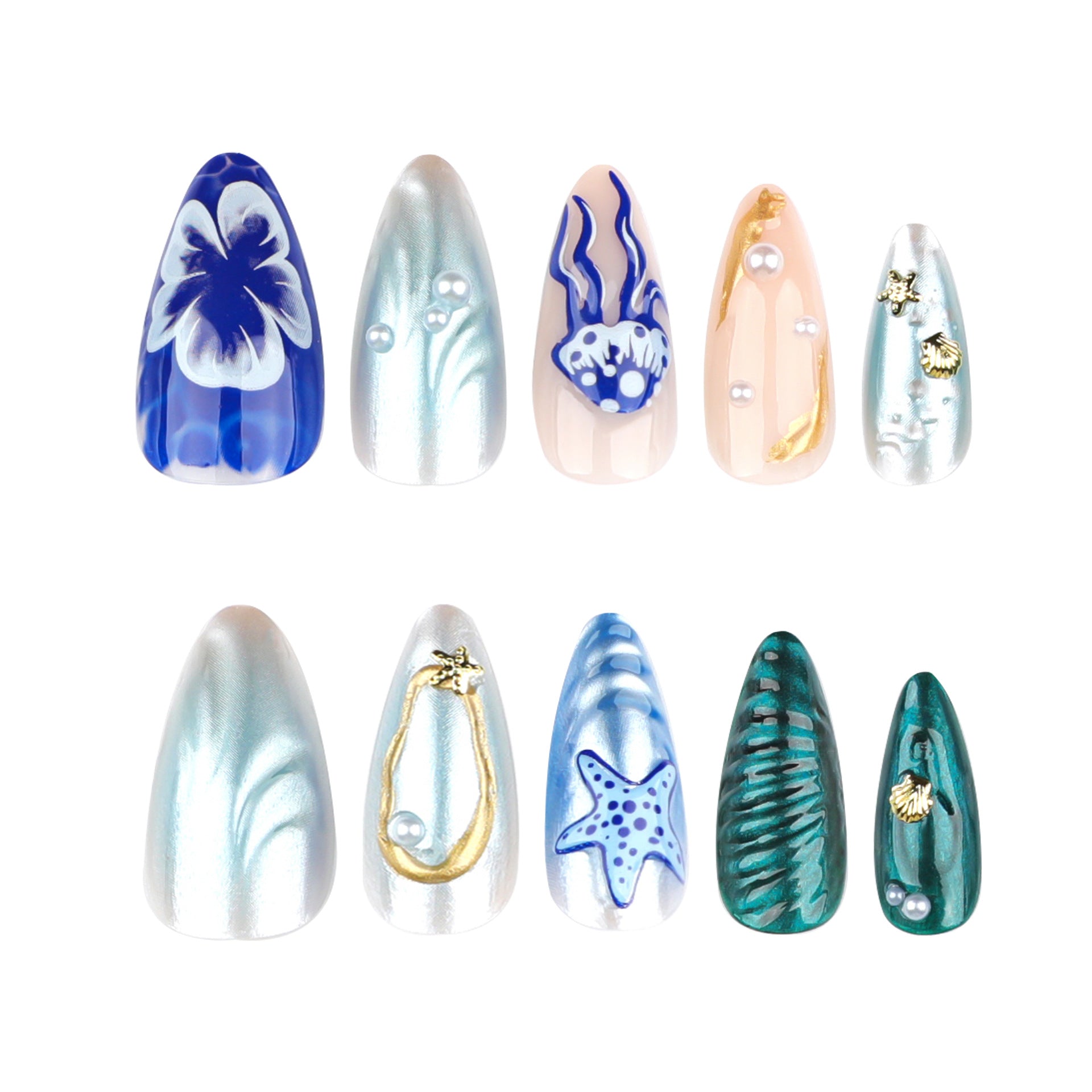 3D海洋珍珠美甲 短款杏仁形穿戴甲 批發｜365nails