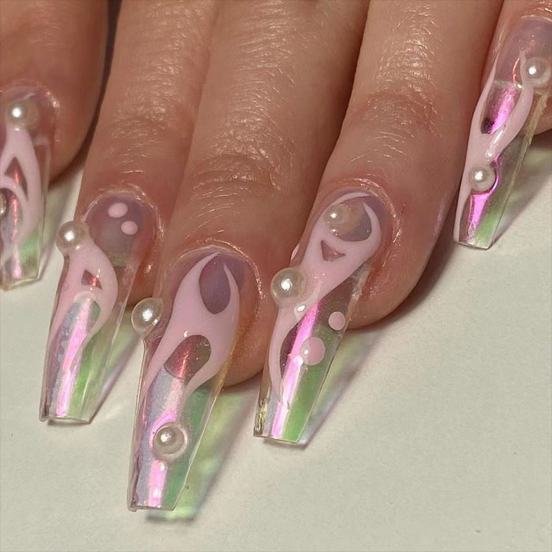 Wear nail long fake nail aurora wear nail white flame pearl nail piece finished product removable nails｜365nails