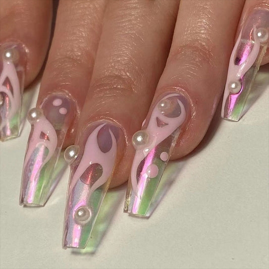 Wear nail long fake nail aurora wear nail white flame pearl nail piece finished product removable nails｜365nails