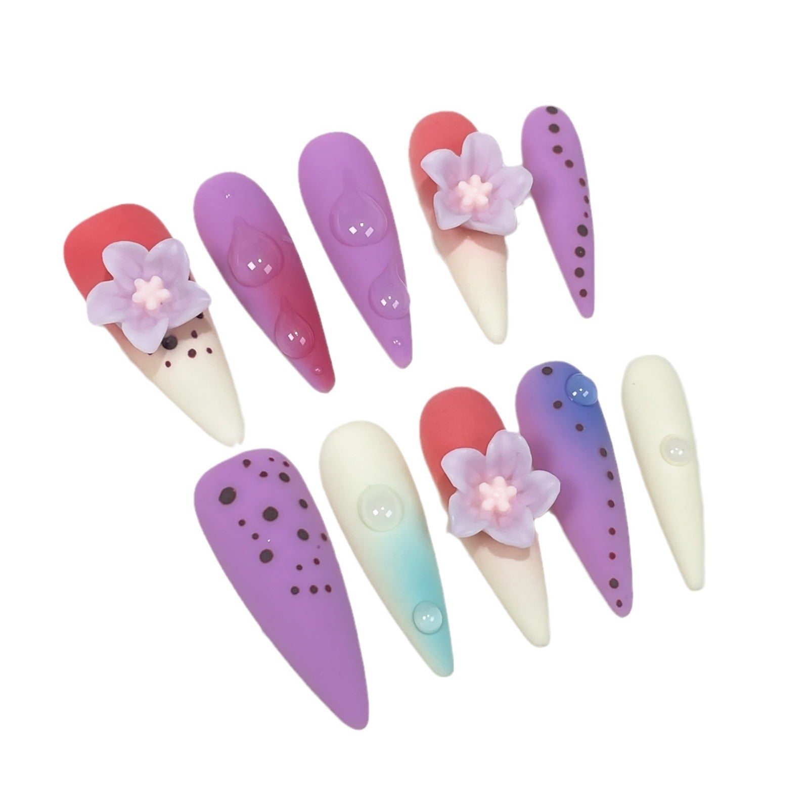 Long-pointed summer colorful contrasting colors Handmade Press-on Nails polka dot stamen long nail patch｜365nails