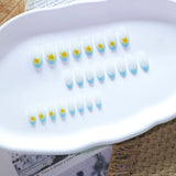 Filme de arte de unha simples azul francês, unhas curtas e redondas, unhas postiças com flores tropicais 3D, atacado ｜ 365nails