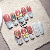 Pearl Floral Ocean Marble French Press On Nails