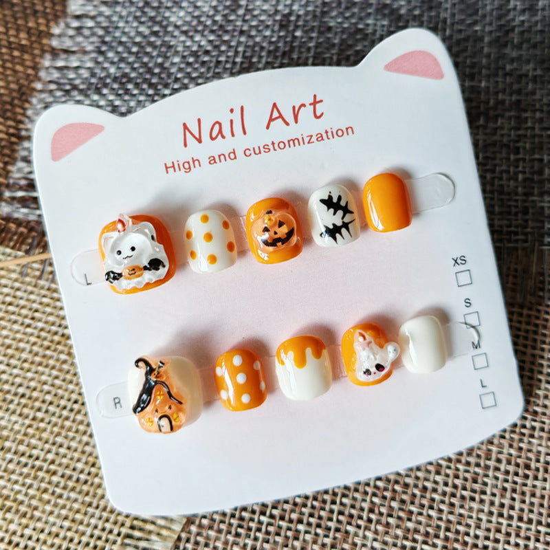 365nails-Halloween Pumpkin Kids Series: "Pumpkin Ghost Festival" – Short Square Kids Nail Art