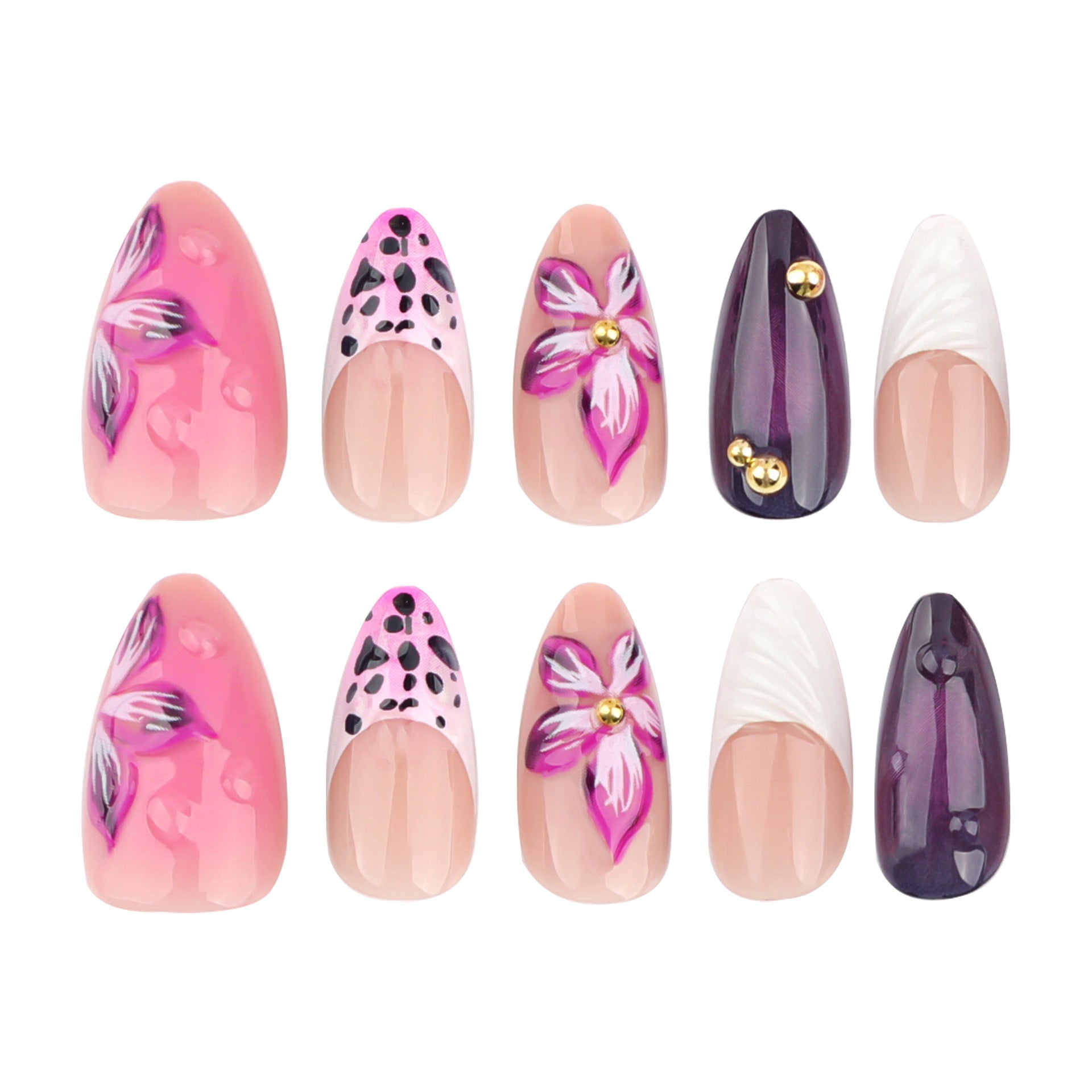 Manicura francesa con estampado de leopardo rosa y borde blanco, con flores tridimensionales 3D explosivas | 365nails