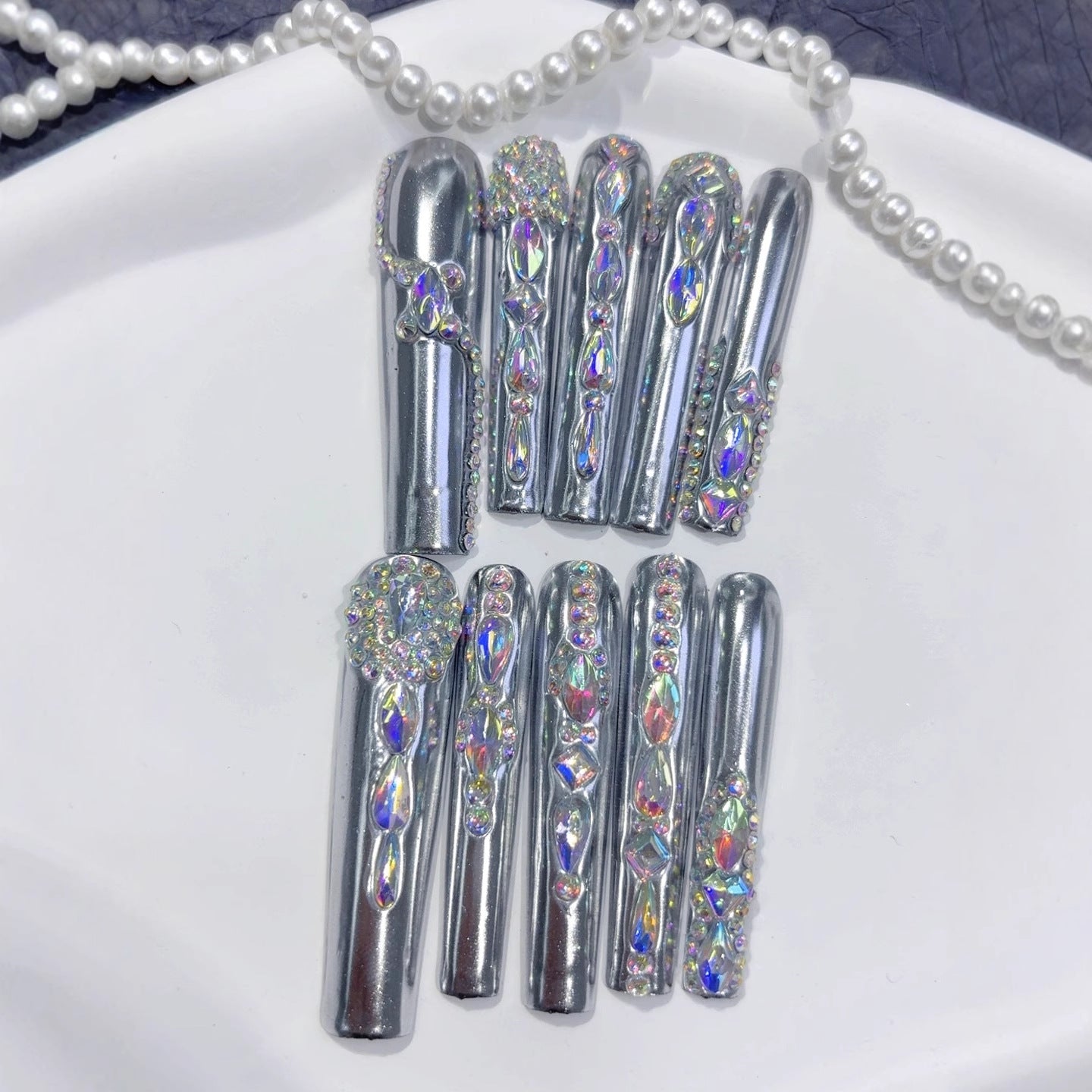 Silver Chrome Crystal Luxe Statement Press On Nails