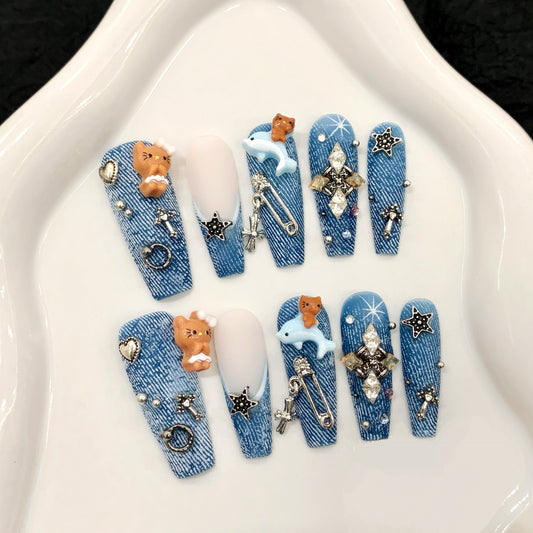 Old Cowboy Spice Girl Black Skin Cat Long Handmade Wear nails | 365nails