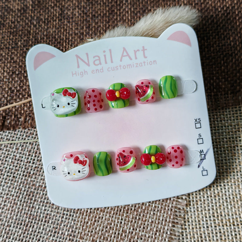 365nails: "cool watermelon hello kitty" – short round handmade kids press-on nails