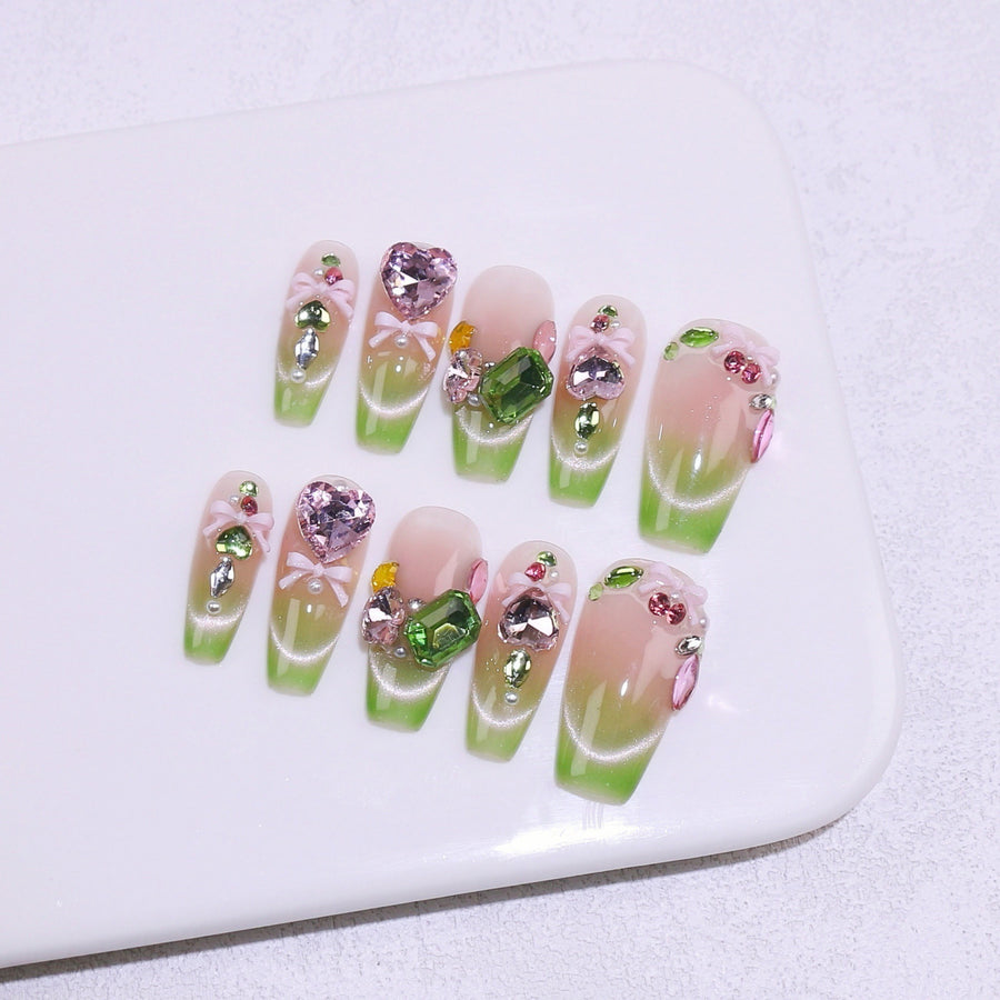 365nails-Enchanted Garden: "Jewel Bow" – Long Almond Handmade Nails
