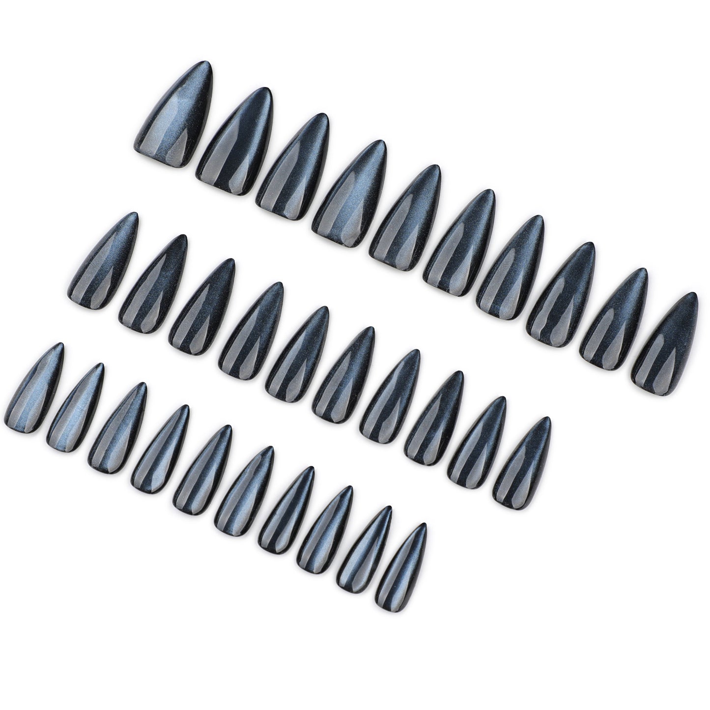 30-piece set blue solid color cat eye press-on nails - medium length almond shape