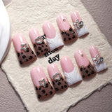 Sweet Pink Leopard Heart Crystal Press On Nails