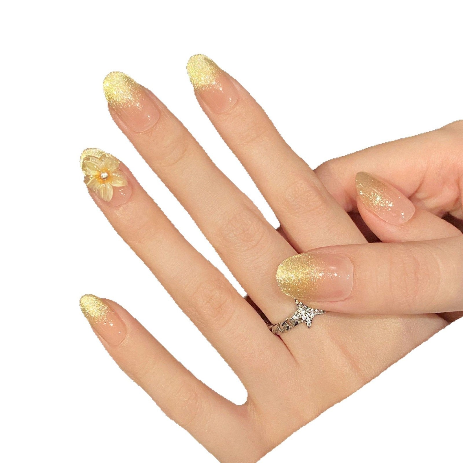 365nails: "Flor Dorada" – Uñas de Almendra Medianas hechas a mano con Ombré Floral 3D y Purpurina