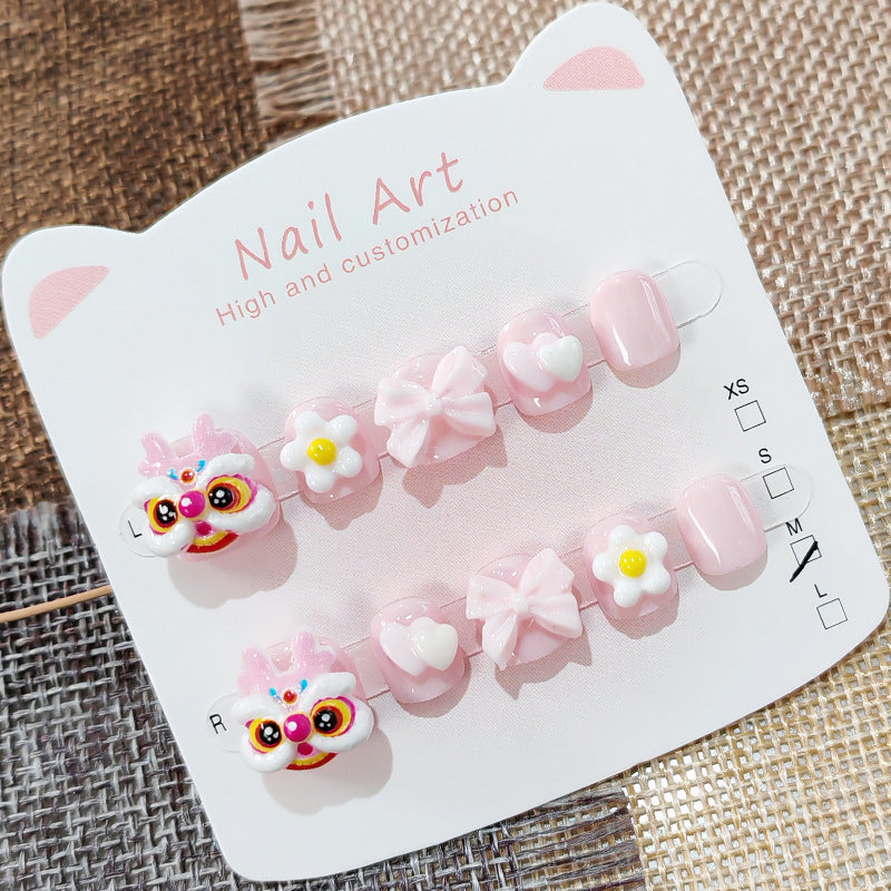 365nails: "pastel pink lion dance" – short round handmade kids press-on nails