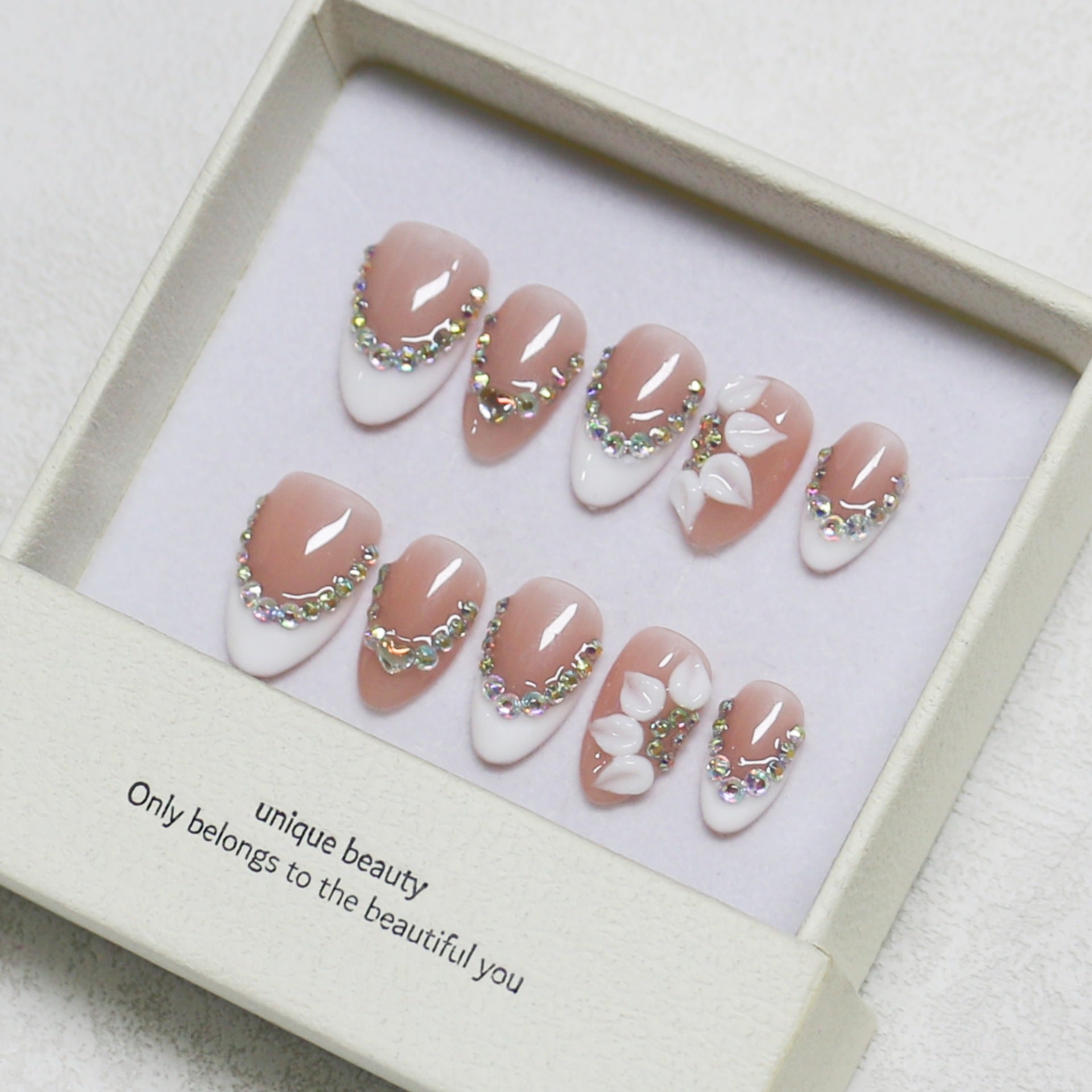 365nails: "Elegant Orchid Bloom" – Medium Almond Nude French Rhinestone Handmade Press-On Nails