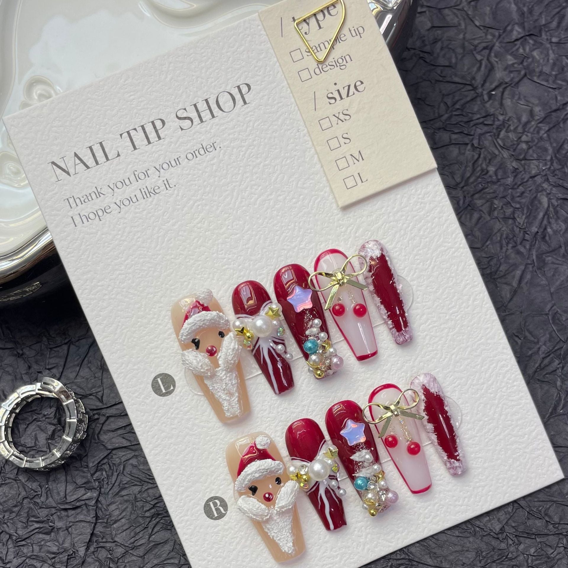 Red and Nude Christmas Press‑On Nails – 3D Santa & Pearl Bow Design