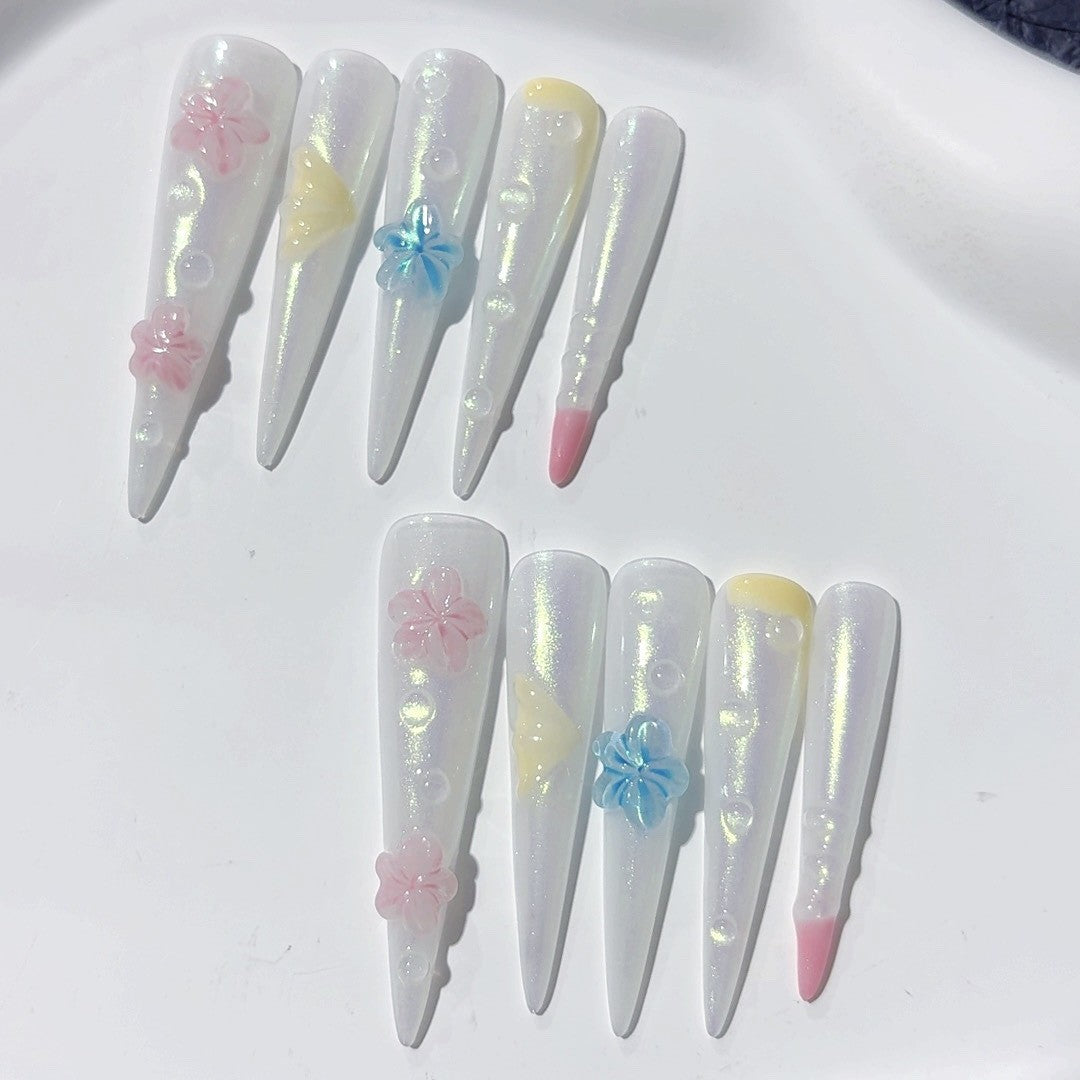 Iridescent 3D Floral Extra Long Press On Nails