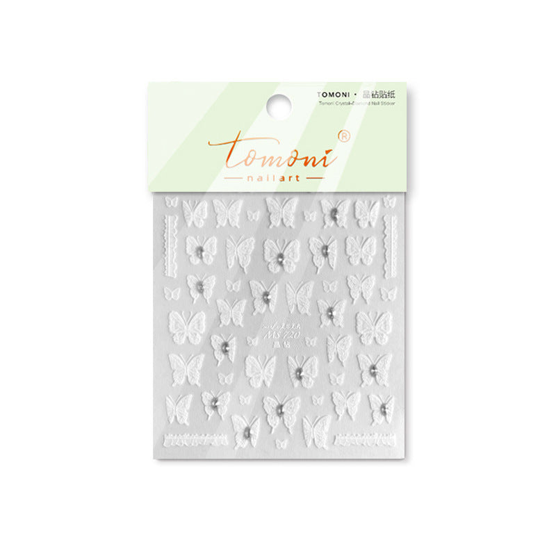 White Lace Butterfly & Crystal Accent Nail Sticker Set – "Ethereal Lace Butterfly"